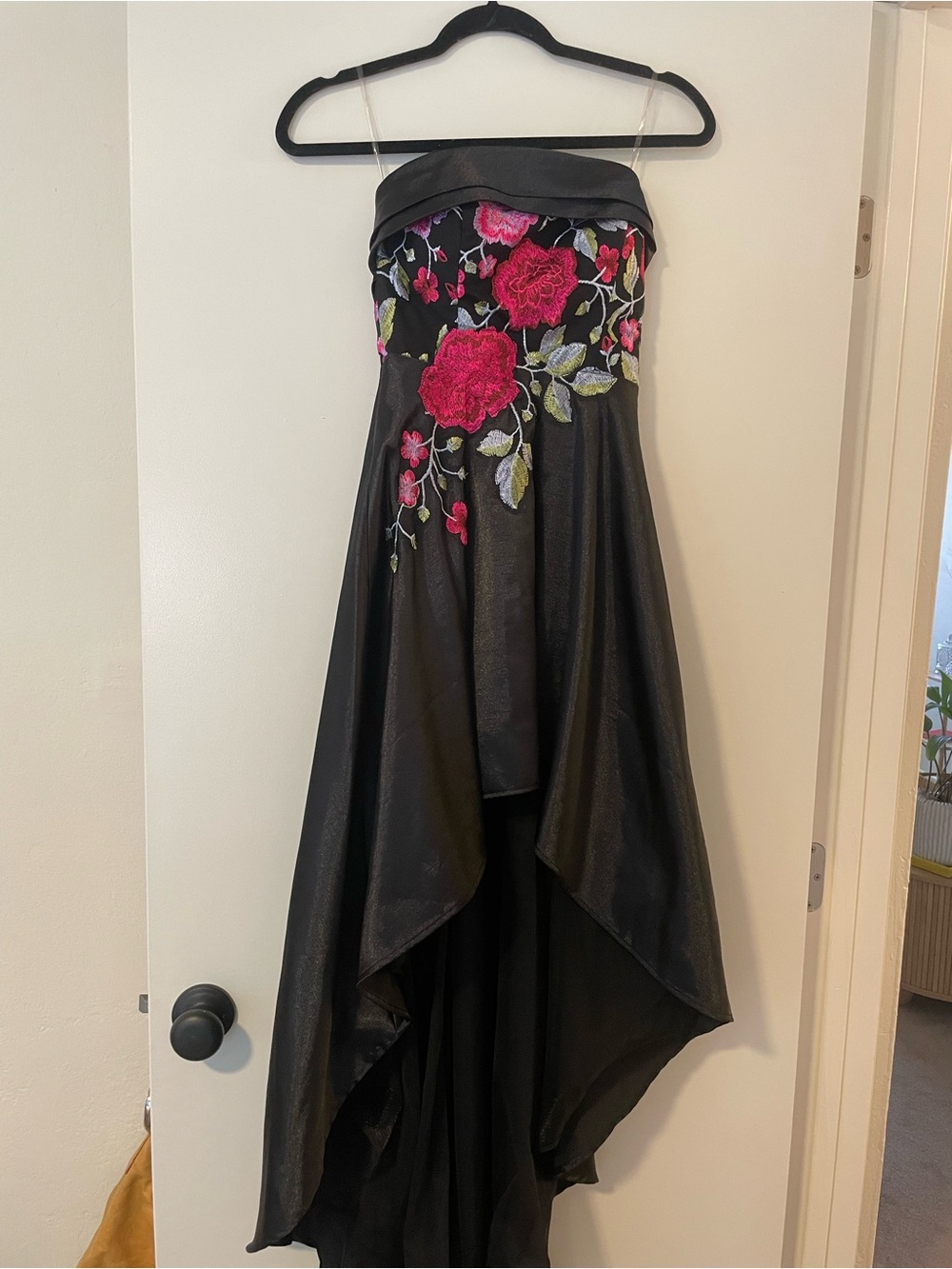 Black High-Low stunning dress.  Pink Rose Embroidery with zip and tie closure